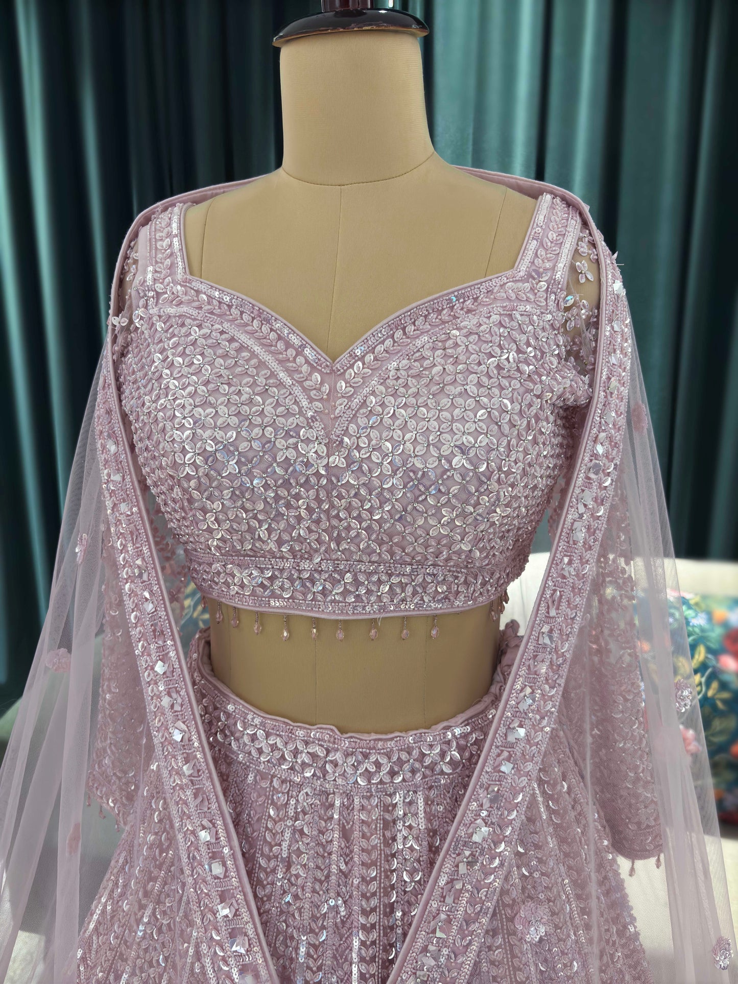 Rose Quartz Lehenga With Handcrafted Mirror Embroidery