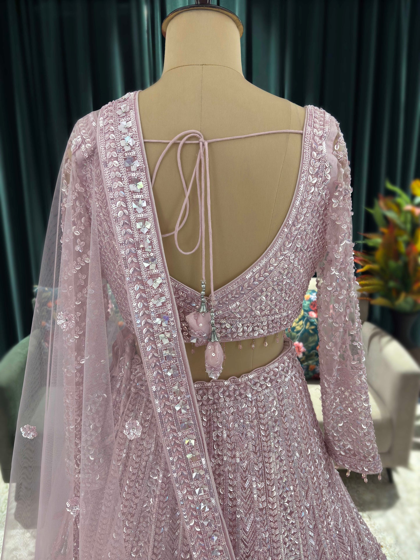 Rose Quartz Lehenga With Handcrafted Mirror Embroidery