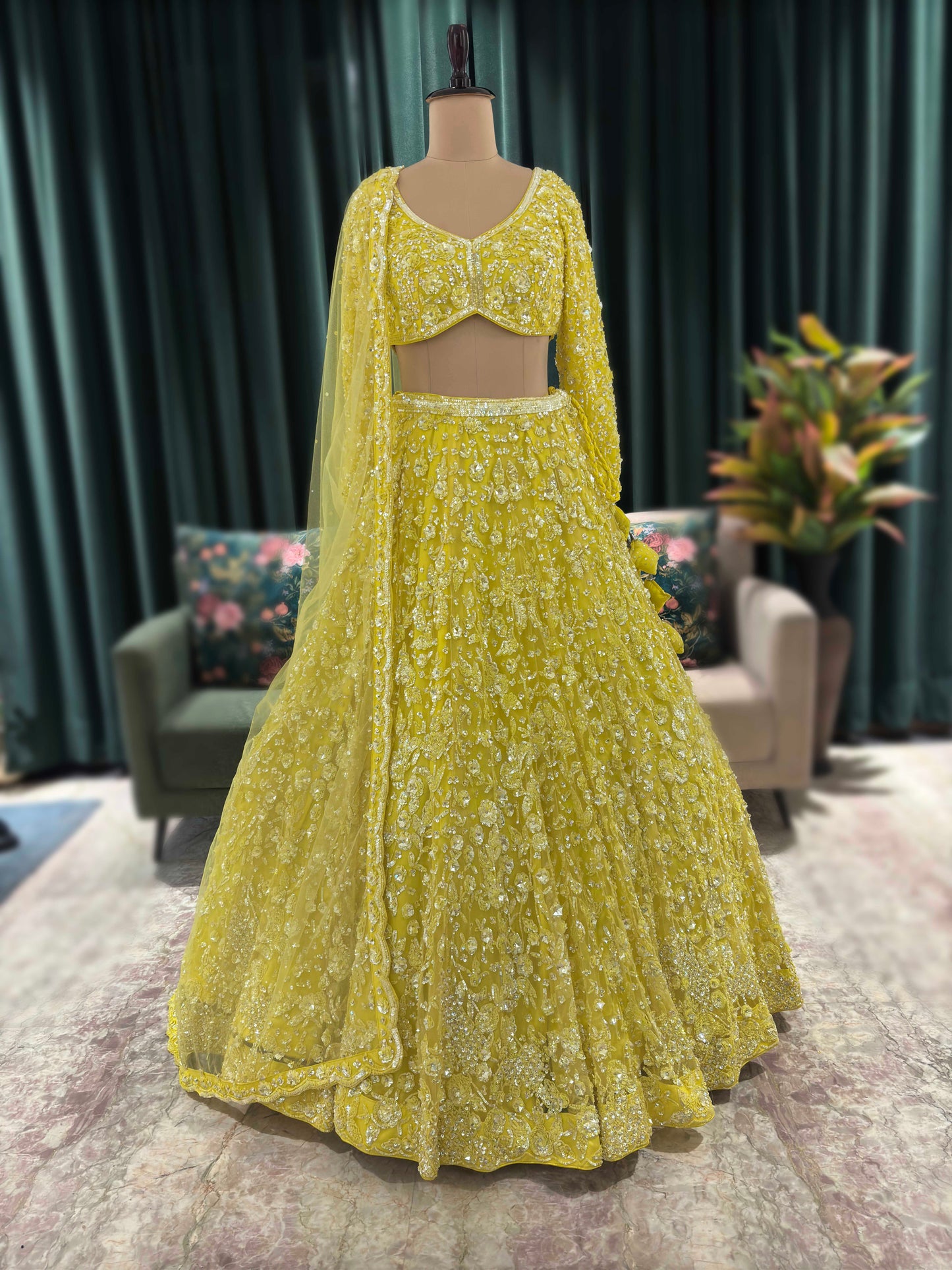 Yellow Heavy Embroidered Lehenga with Full-Sleeve Blouse