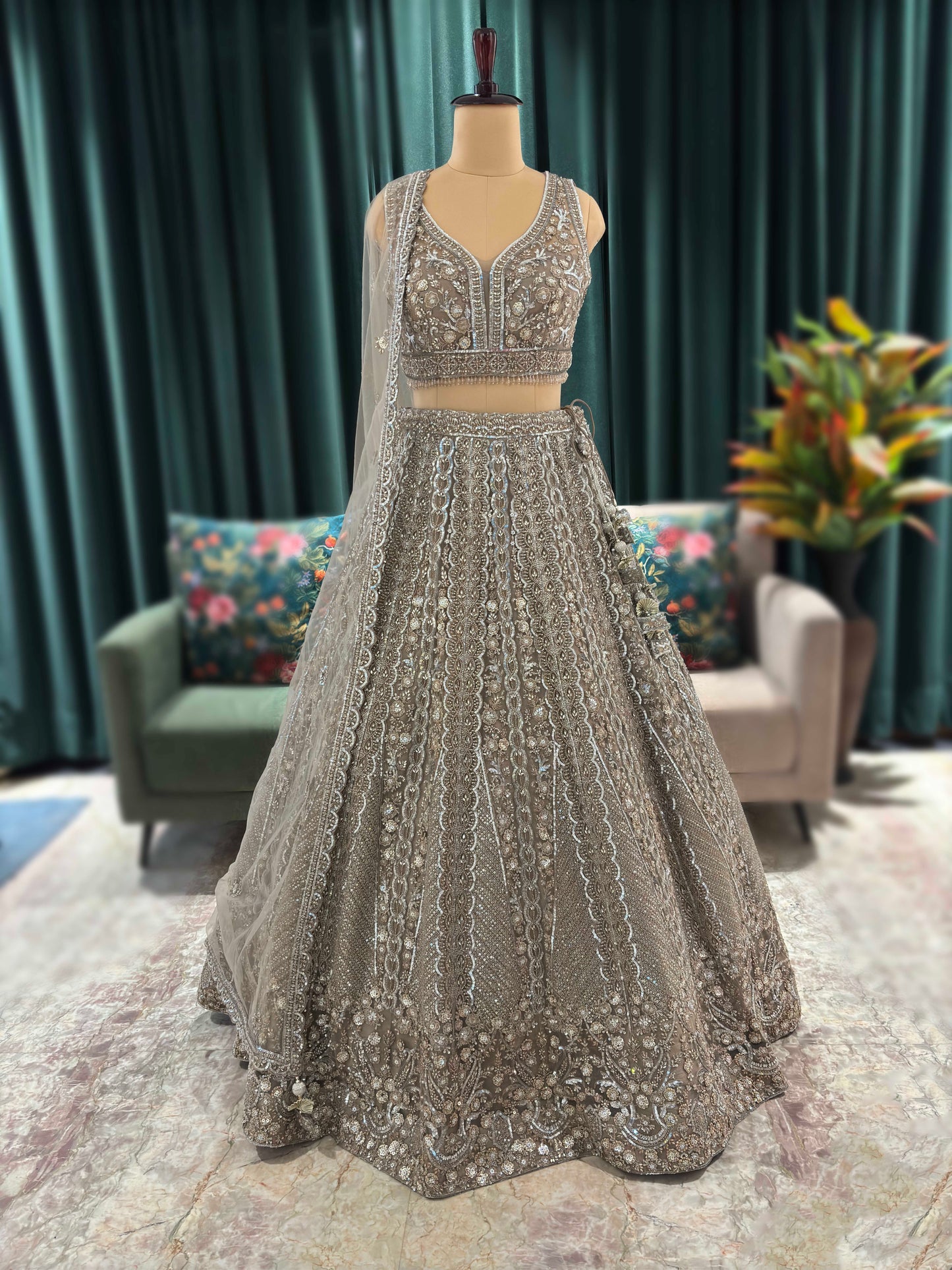 Grey Colour Designer Lehenga with Pearl & Sequins Work