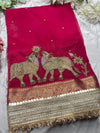 Rani Colour Hand Embroidered Zari Border Designer Saree