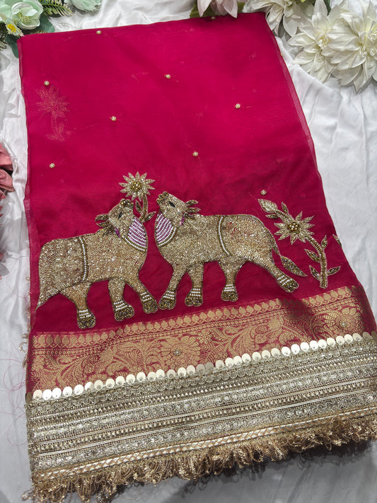 Rani Colour Hand Embroidered Zari Border Designer Saree
