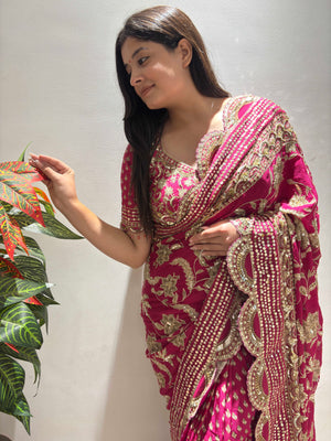 Rani Pink Heavy Embroidered Saree with Zari & Sequin Work