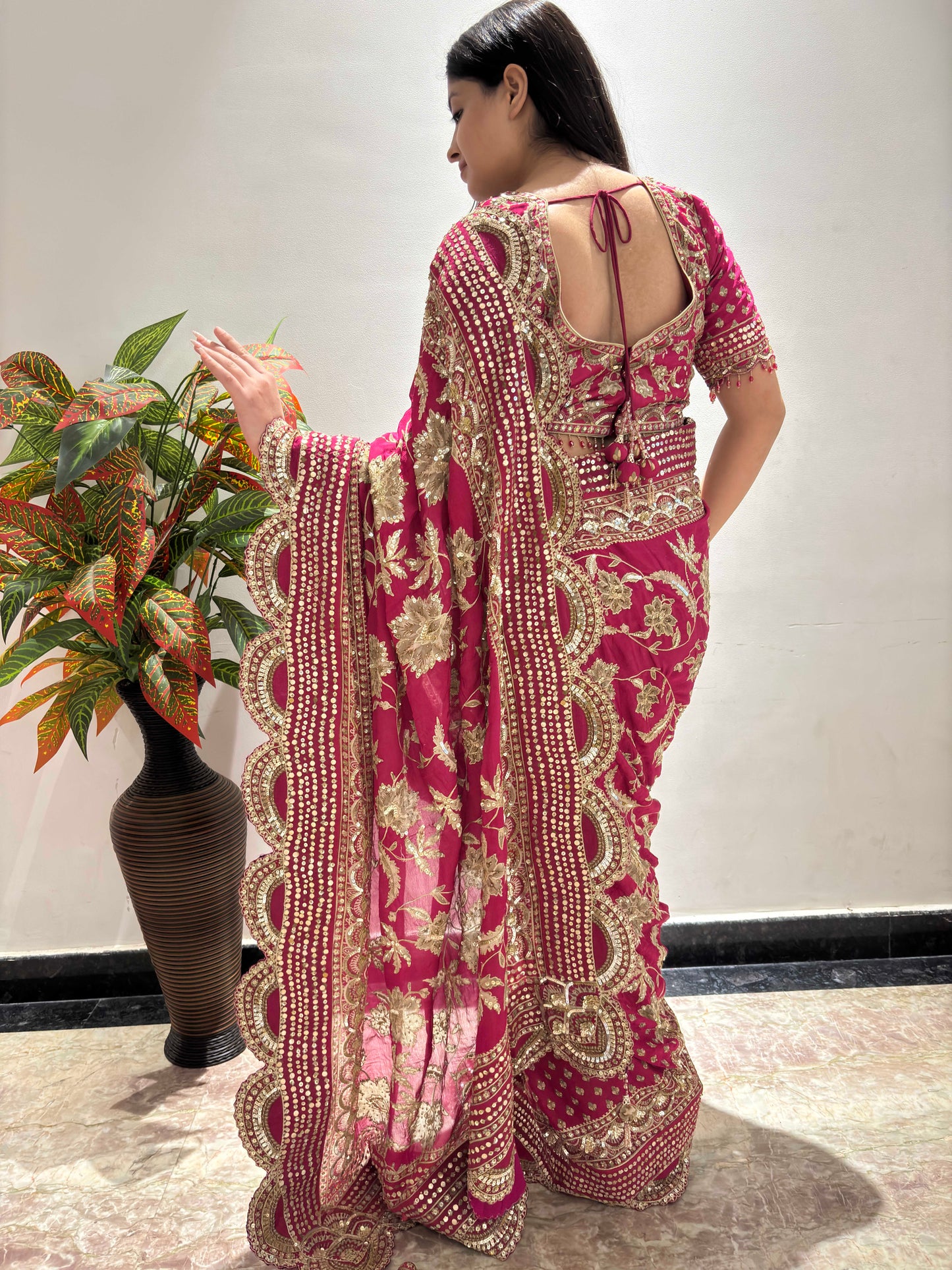 Rani Pink Heavy Embroidered Saree with Zari & Sequin Work