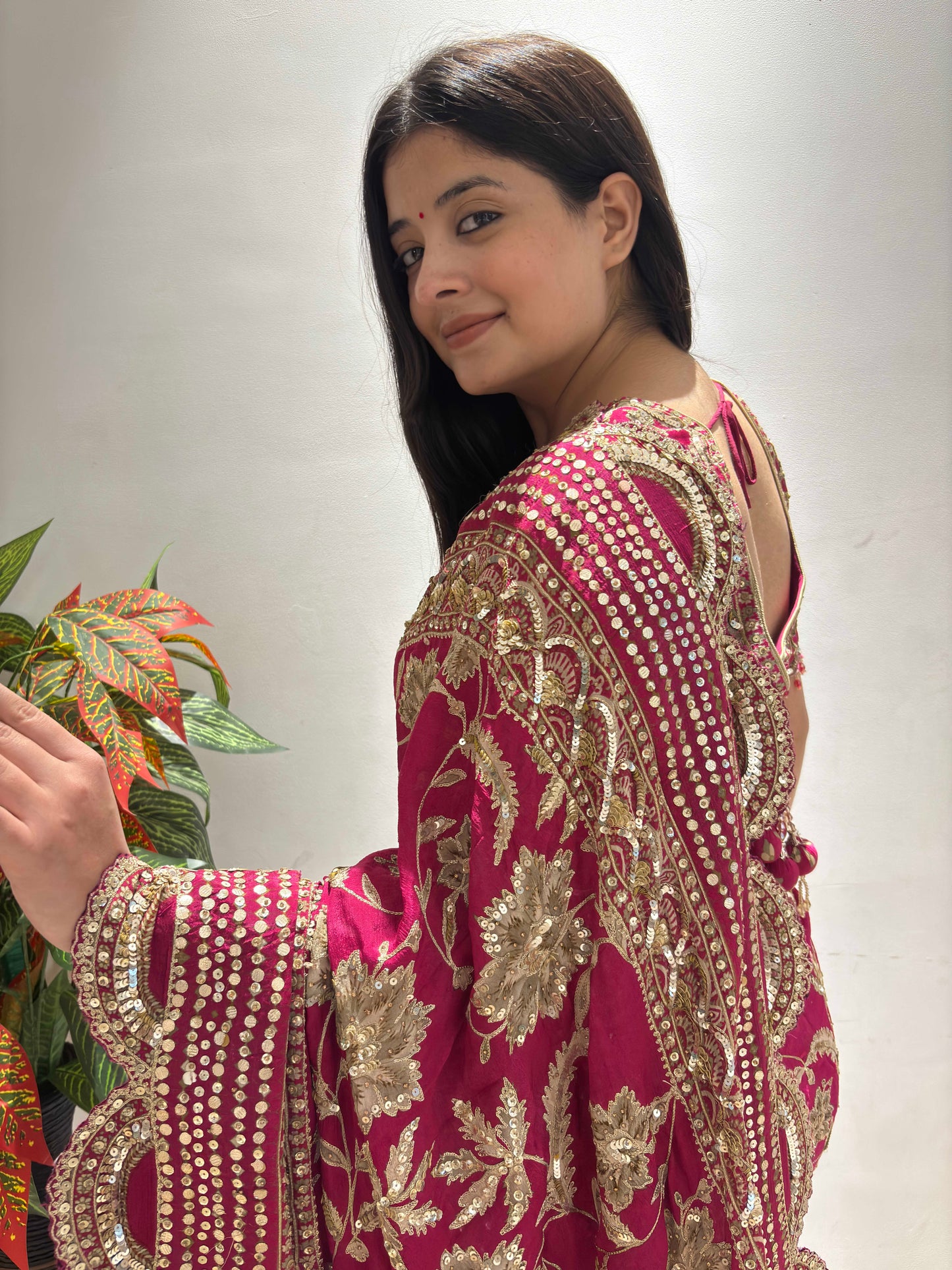 Rani Pink Heavy Embroidered Saree with Zari & Sequin Work