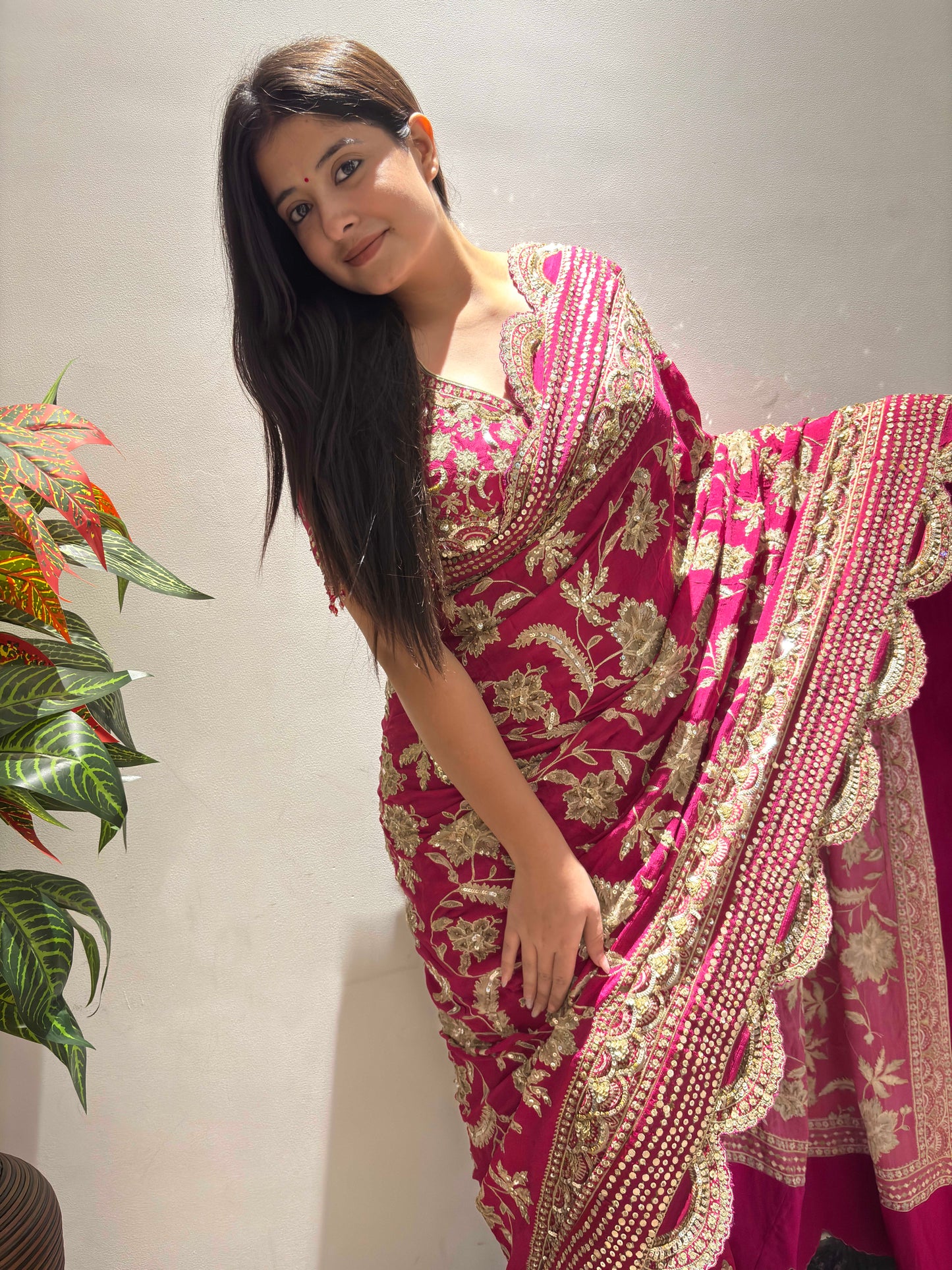 Rani Pink Heavy Embroidered Saree with Zari & Sequin Work