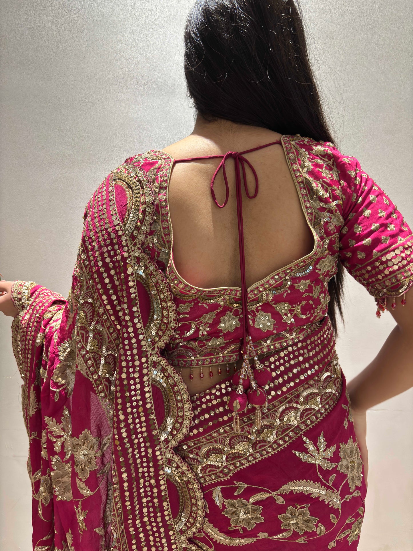 Rani Pink Heavy Embroidered Saree with Zari & Sequin Work