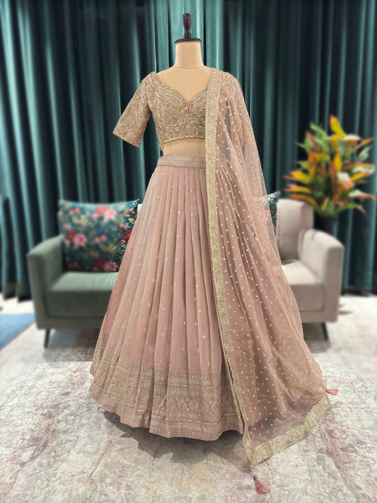 Organza Peach Colour Designer Lehenga with Zari & Sequins Work