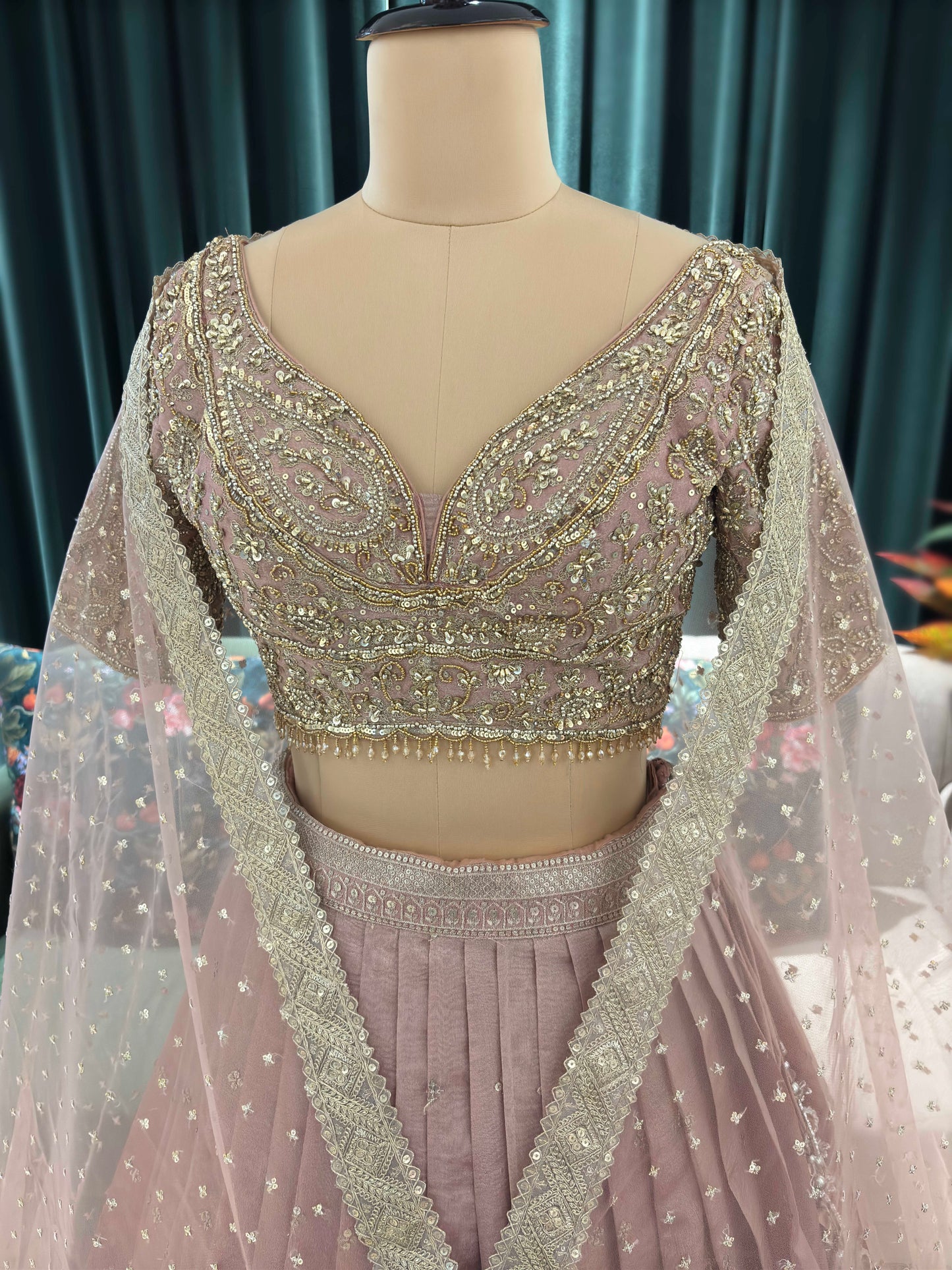 Organza Peach Colour Designer Lehenga with Zari & Sequins Work