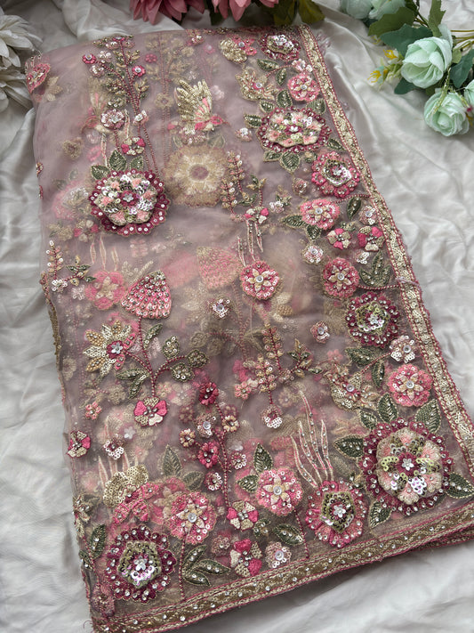 Elegant Pink Net Embroidered Designer Saree with Heavy Floral Sequins Work