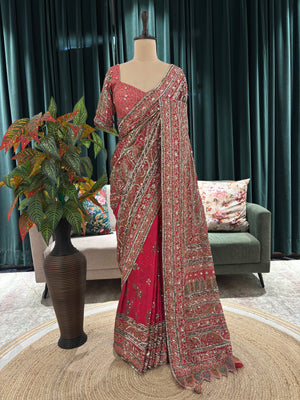 Red Heavy Embellished Saree with Traditional Border and Blouse
