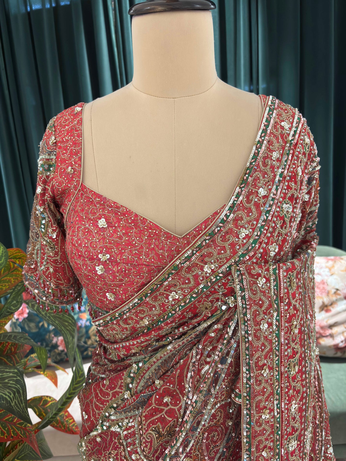 Red Heavy Embellished Saree with Traditional Border and Blouse