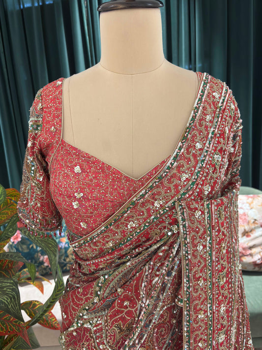 Red Heavy Embellished Saree with Traditional Border and Blouse