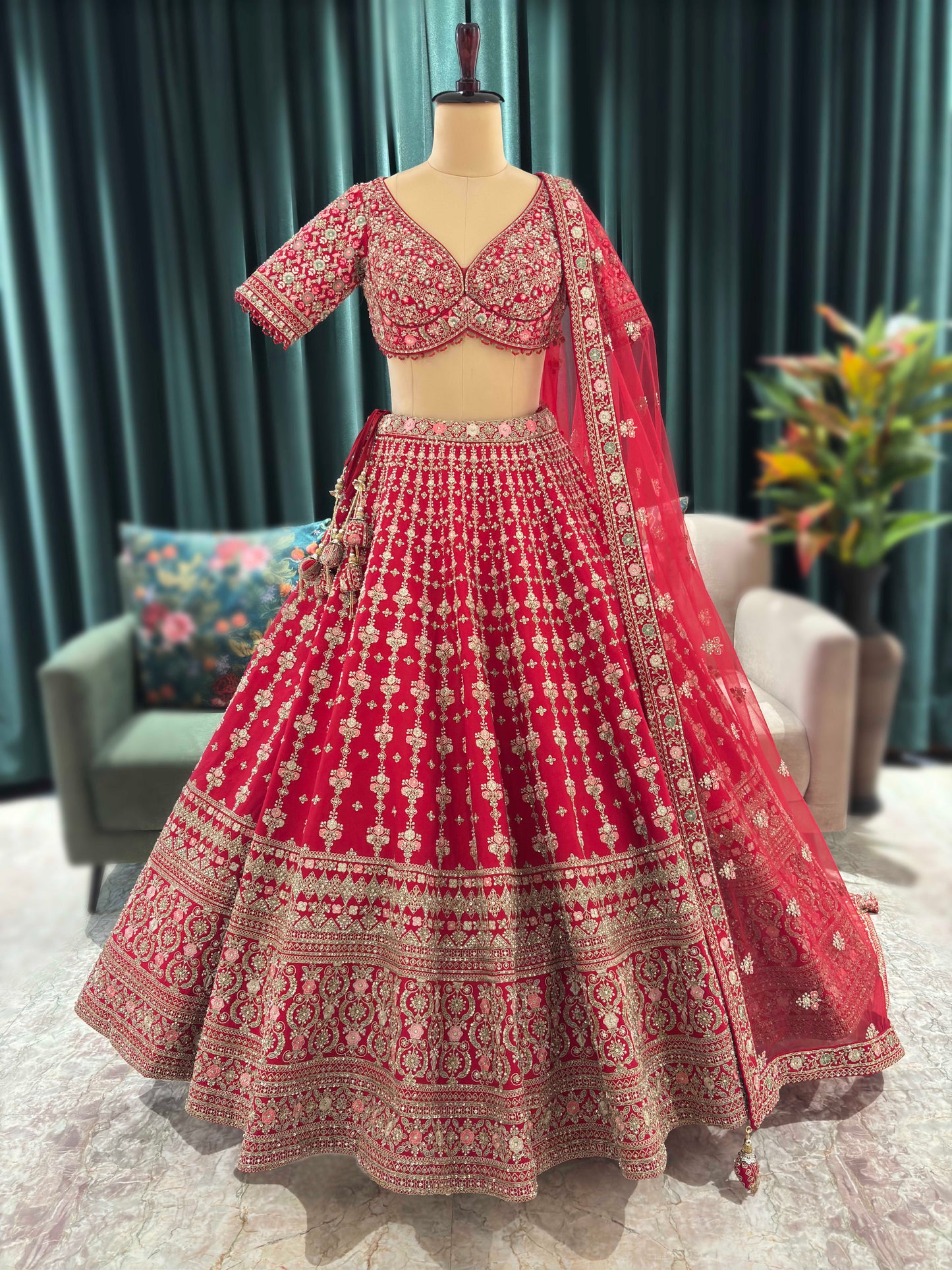 Bright Red Heavy Zari Embroidered Bridal Lehenga with Net Dupatta