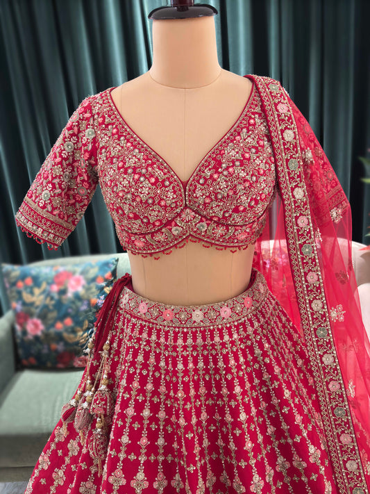 Bright Red Heavy Zari Embroidered Bridal Lehenga with Net Dupatta