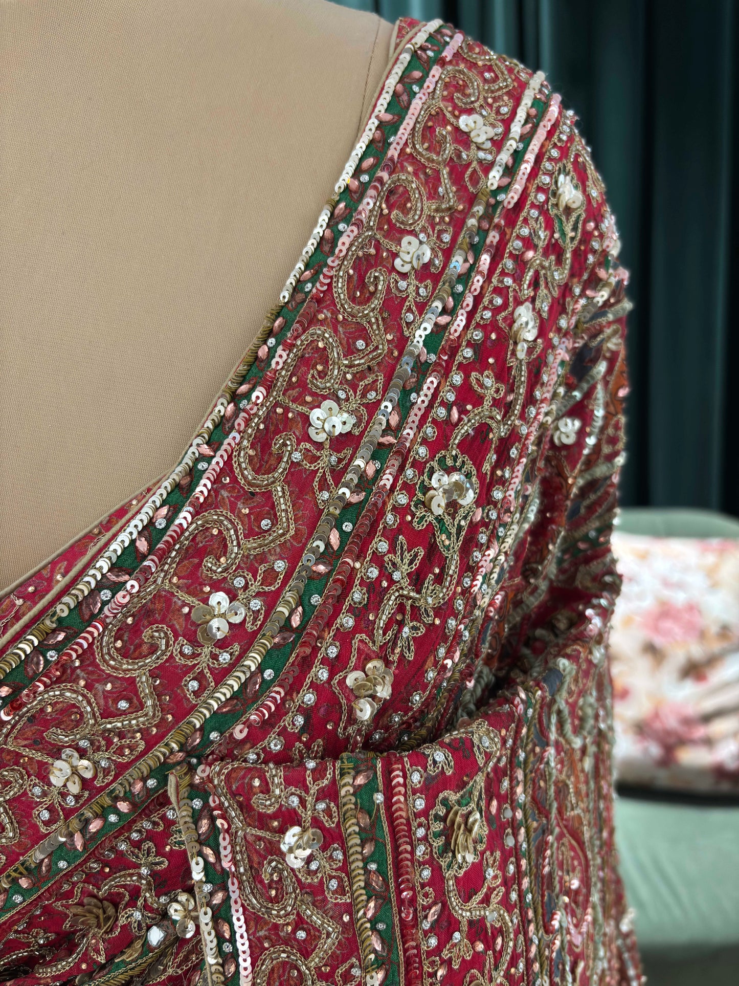 Red Heavy Embellished Saree with Traditional Border and Blouse