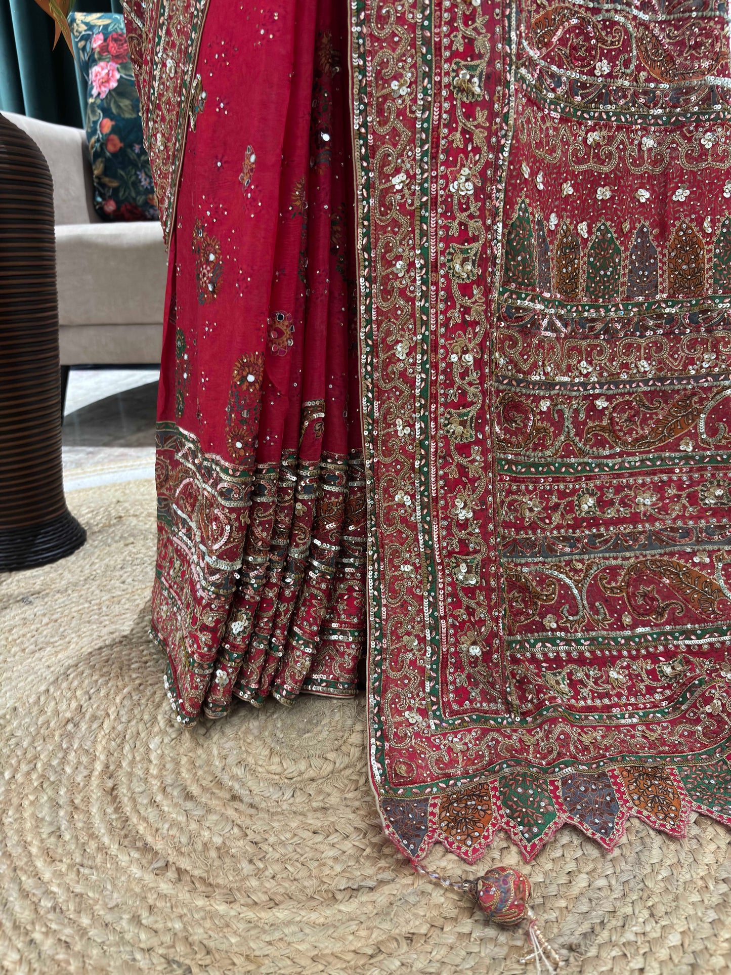 Red Heavy Embellished Saree with Traditional Border and Blouse