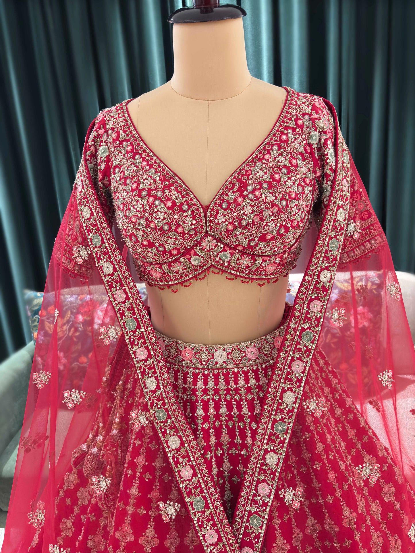 Bright Red Heavy Zari Embroidered Bridal Lehenga with Net Dupatta