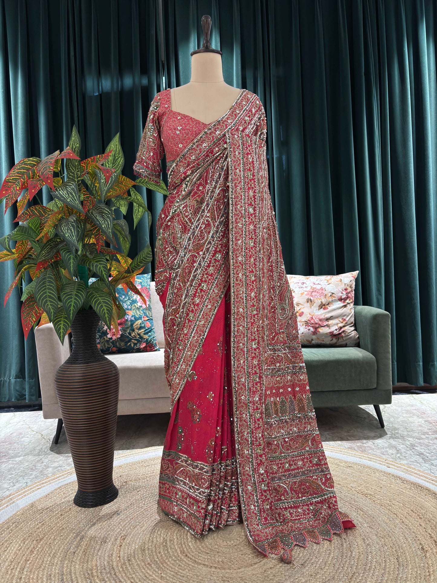 Red Heavy Embellished Saree with Traditional Border and Blouse