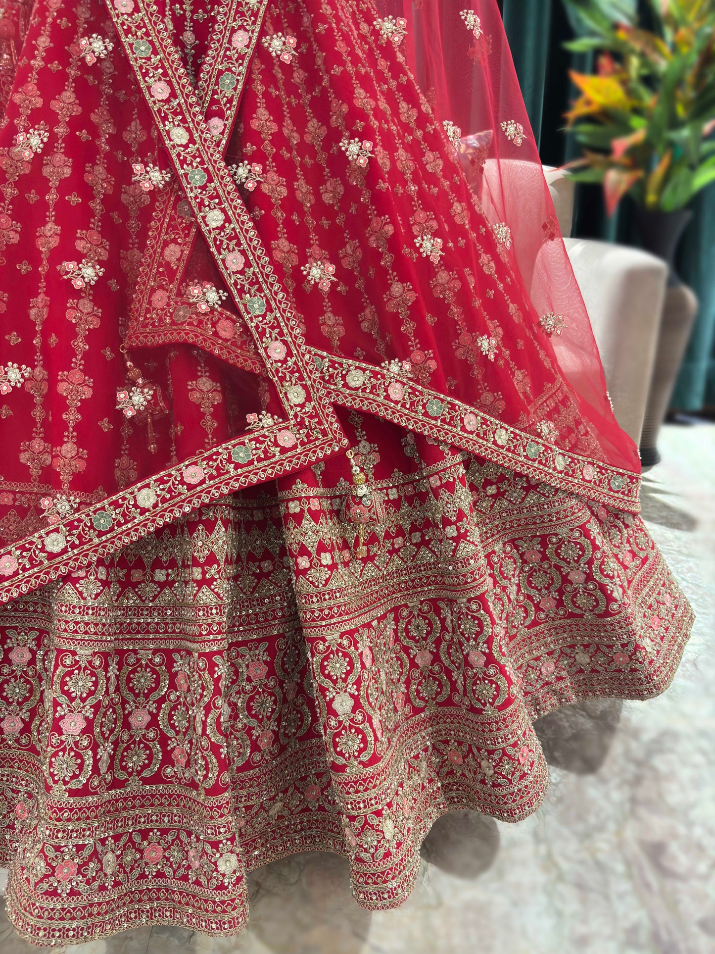 Bright Red Heavy Zari Embroidered Bridal Lehenga with Net Dupatta