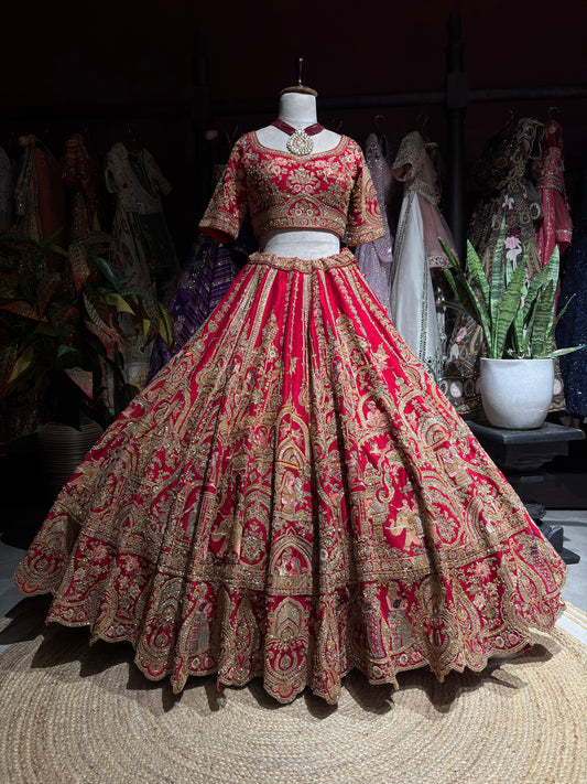 Red Traditional Wedding Lehenga Choli with Heavy Gold Embroidery