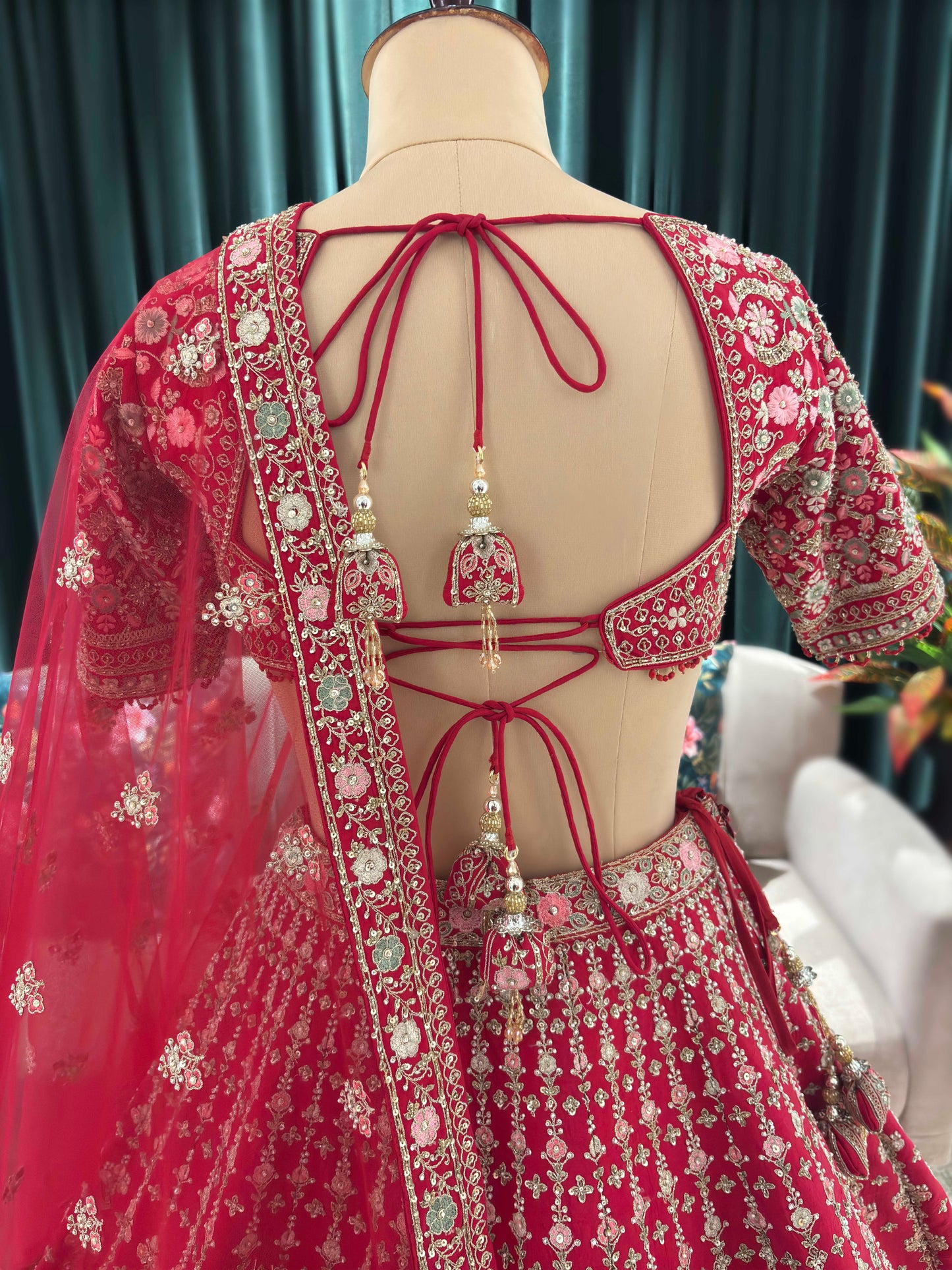 Bright Red Heavy Zari Embroidered Bridal Lehenga with Net Dupatta