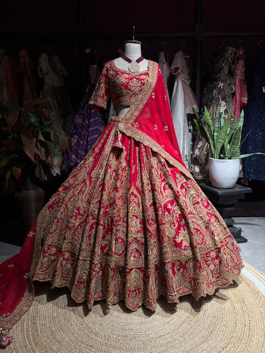 Red Traditional Wedding Lehenga Choli with Heavy Gold Embroidery