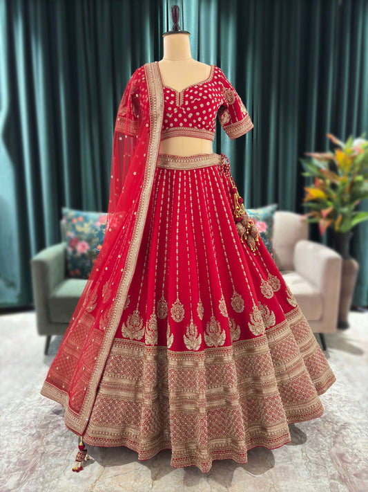 Bridal Red Zari Embroidered Lehenga with Rich Border & Dupatta