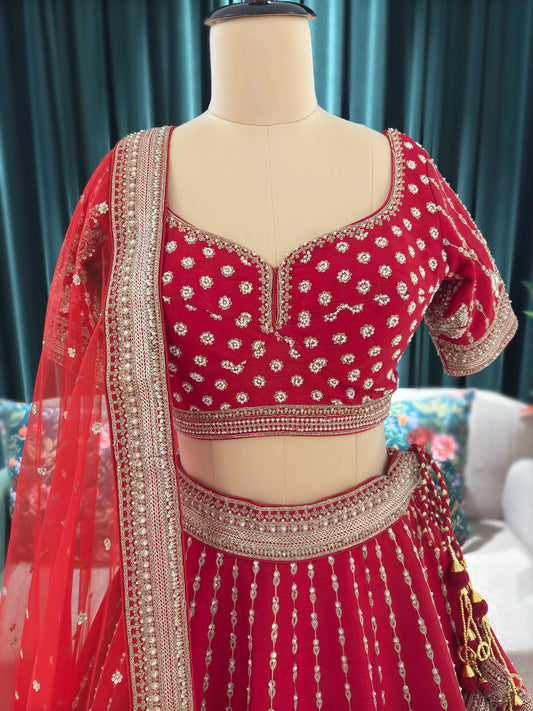 Bridal Red Zari Embroidered Lehenga with Rich Border & Dupatta