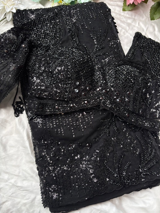 Premium Black Net Designer Saree with Heavy Sequins & Beaded Embroidery Work