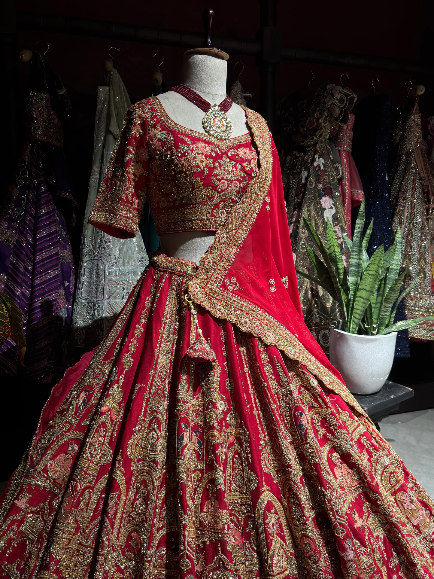 Red Traditional Wedding Lehenga Choli with Heavy Gold Embroidery