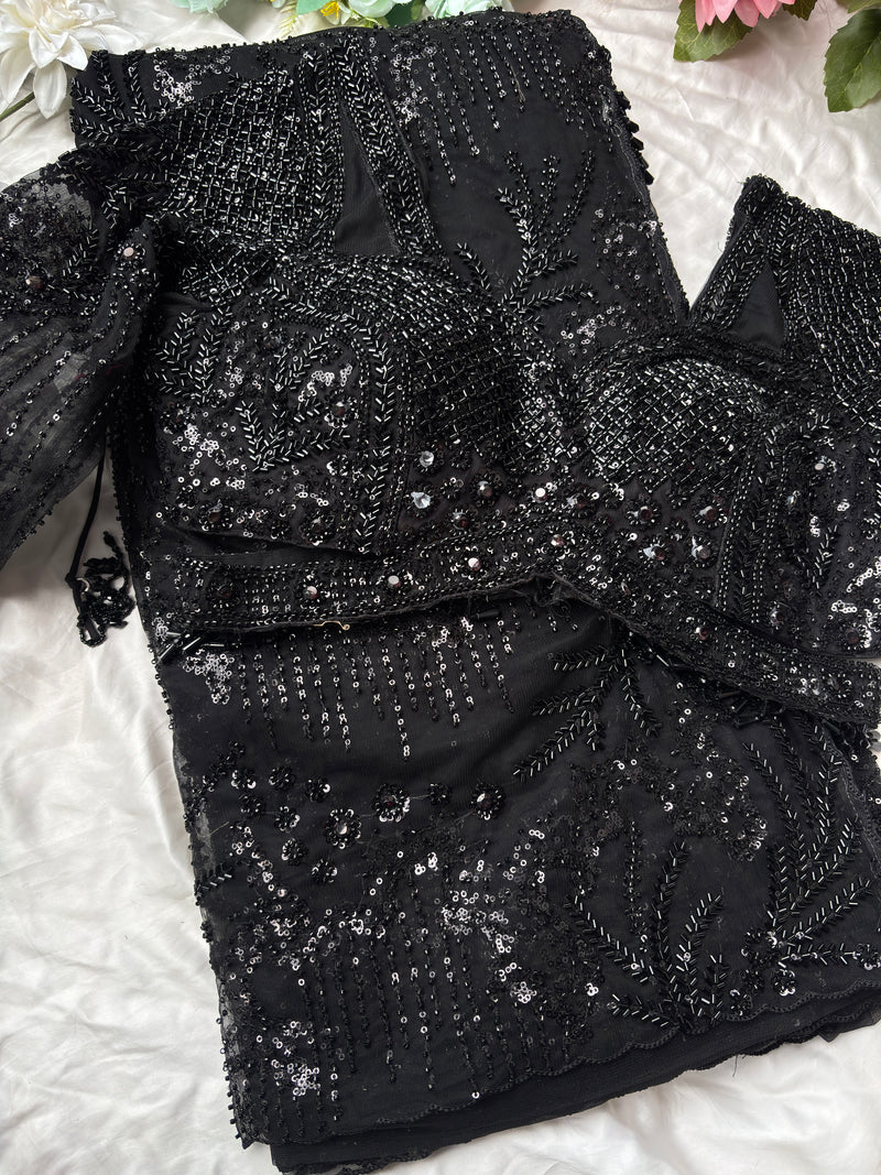 Premium Black Net Designer Saree with Heavy Sequins & Beaded Embroidery Work