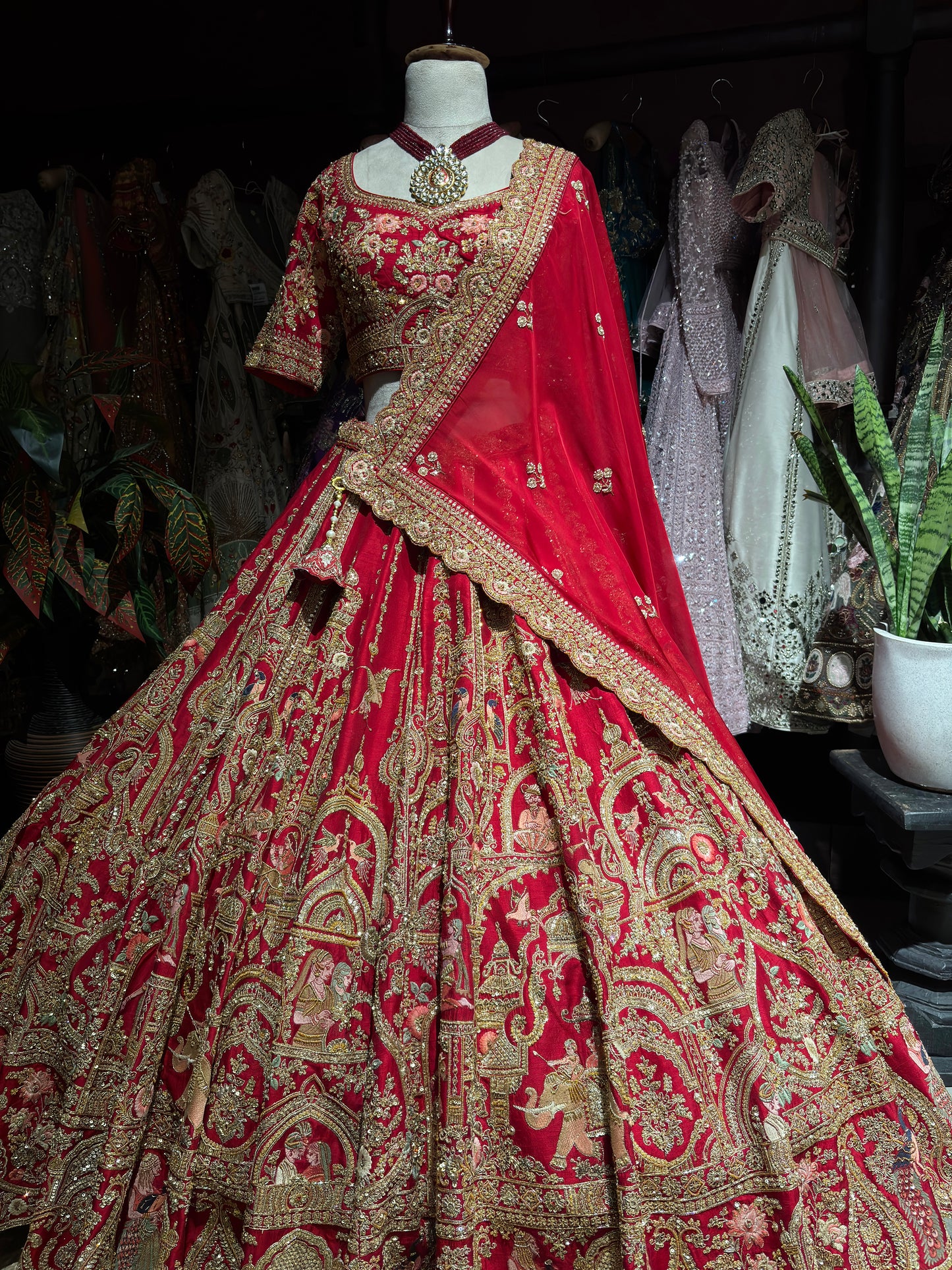 Red Traditional Wedding Lehenga Choli with Heavy Gold Embroidery