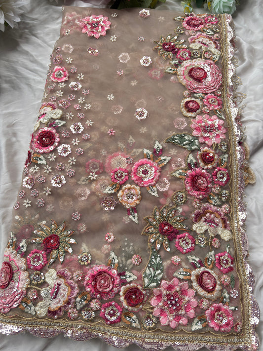 Designer Beige Net Saree with Heavy Floral Embroidery & Sequins Work