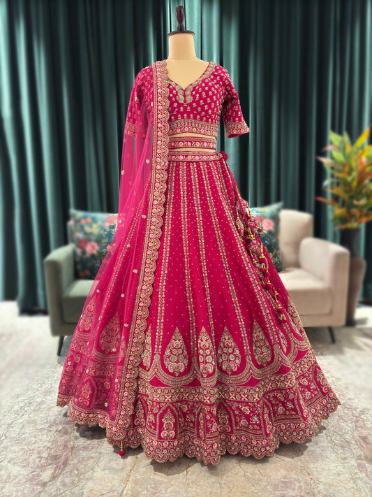 Bridal Rani Pink Zari Embroidered Lehenga with Heavy Border & Dupatta