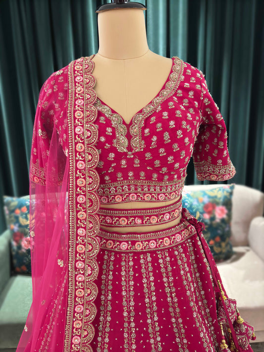 Bridal Rani Pink Zari Embroidered Lehenga with Heavy Border & Dupatta