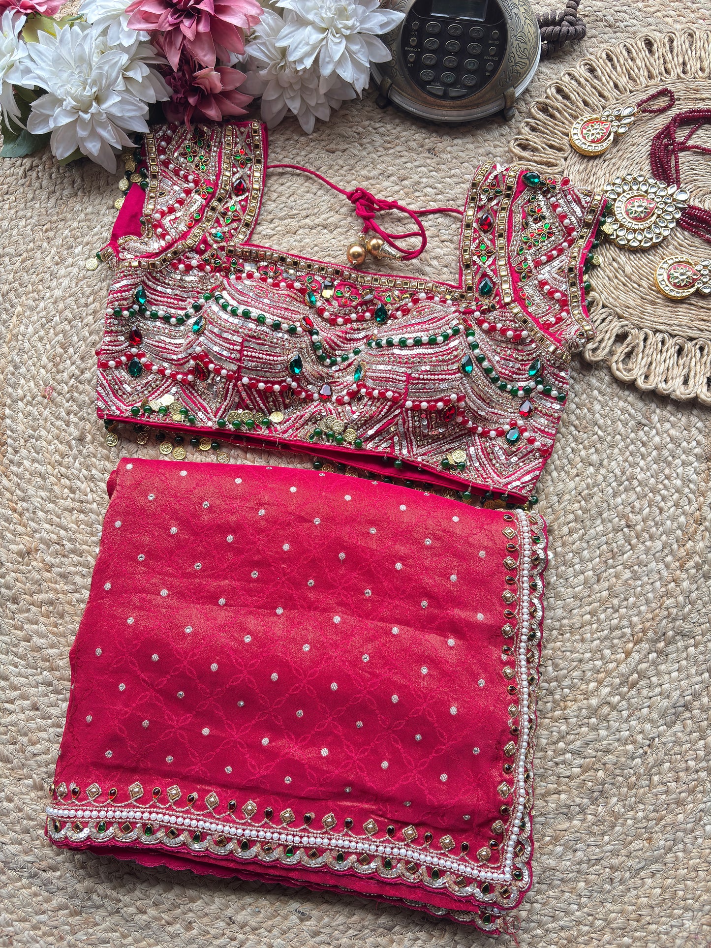 Designer Saree with Heavy Pearl, Mirror & Stone Work Readymade Blouse