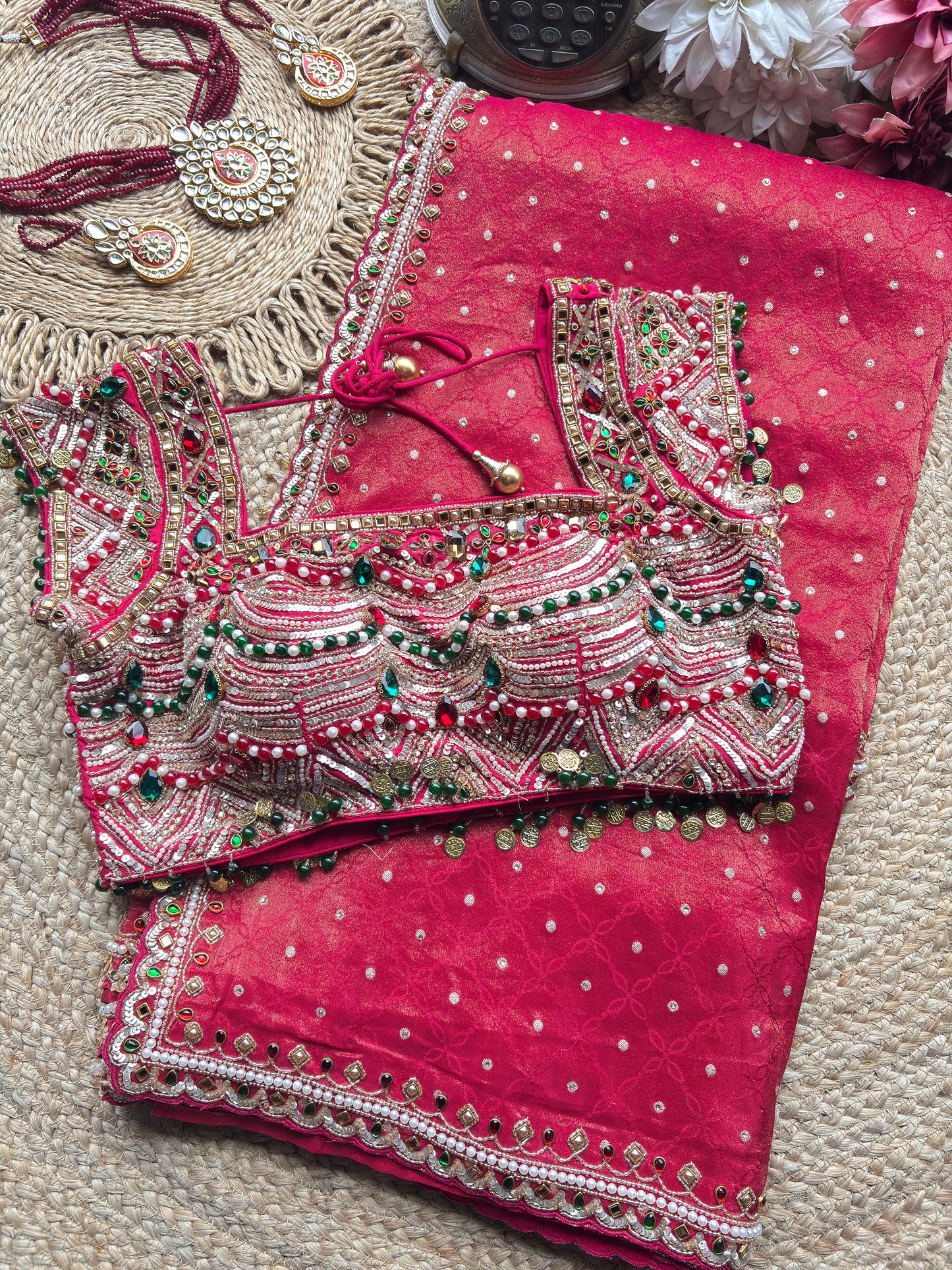 Designer Saree with Heavy Pearl, Mirror & Stone Work Readymade Blouse