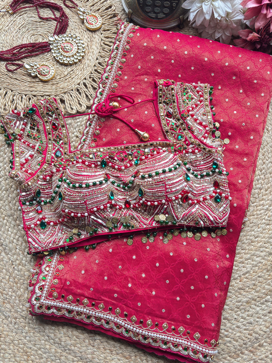 Designer Saree with Heavy Pearl, Mirror & Stone Work Readymade Blouse