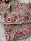 Designer Beige Net Saree with Heavy Floral Embroidery & Sequins Work