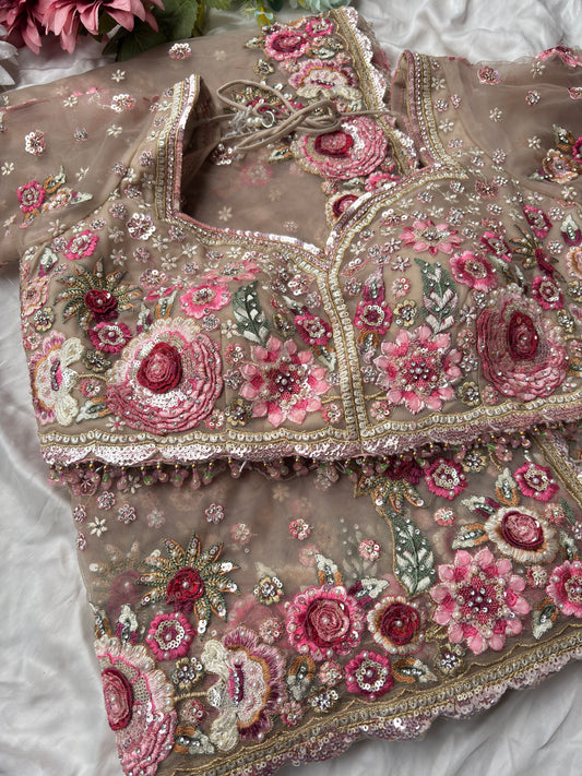 Designer Beige Net Saree with Heavy Floral Embroidery & Sequins Work