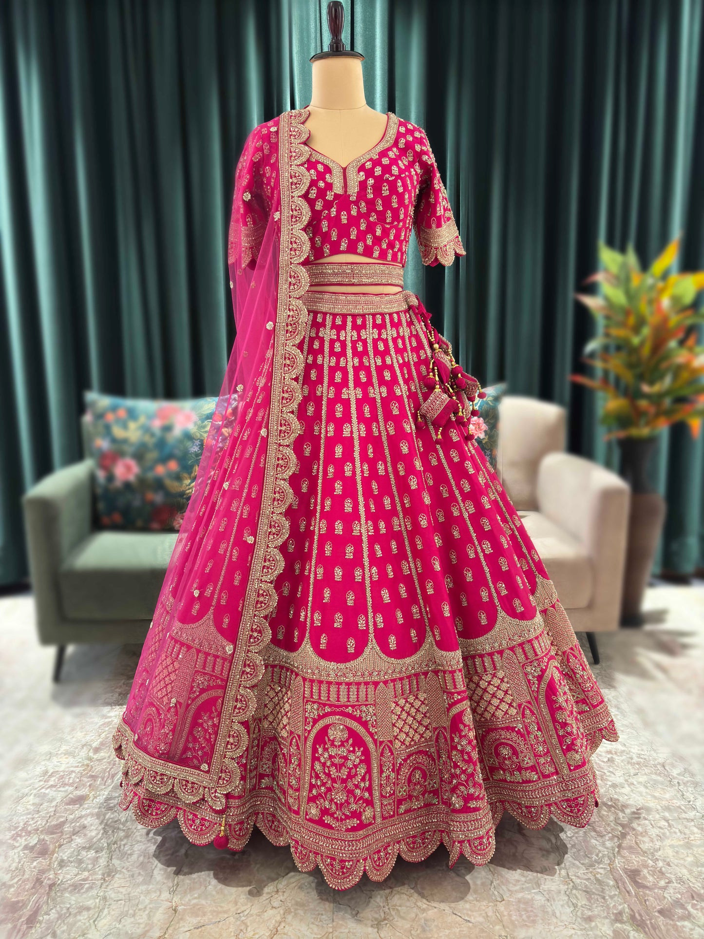 Bridal Rani Pink Zari Embroidered Lehenga with Elegant Dupatta