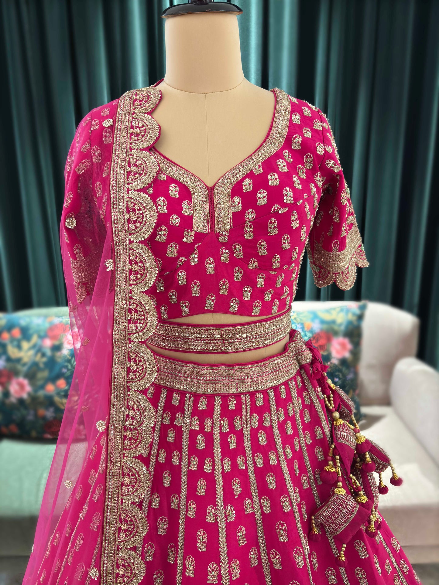 Bridal Rani Pink Zari Embroidered Lehenga with Elegant Dupatta