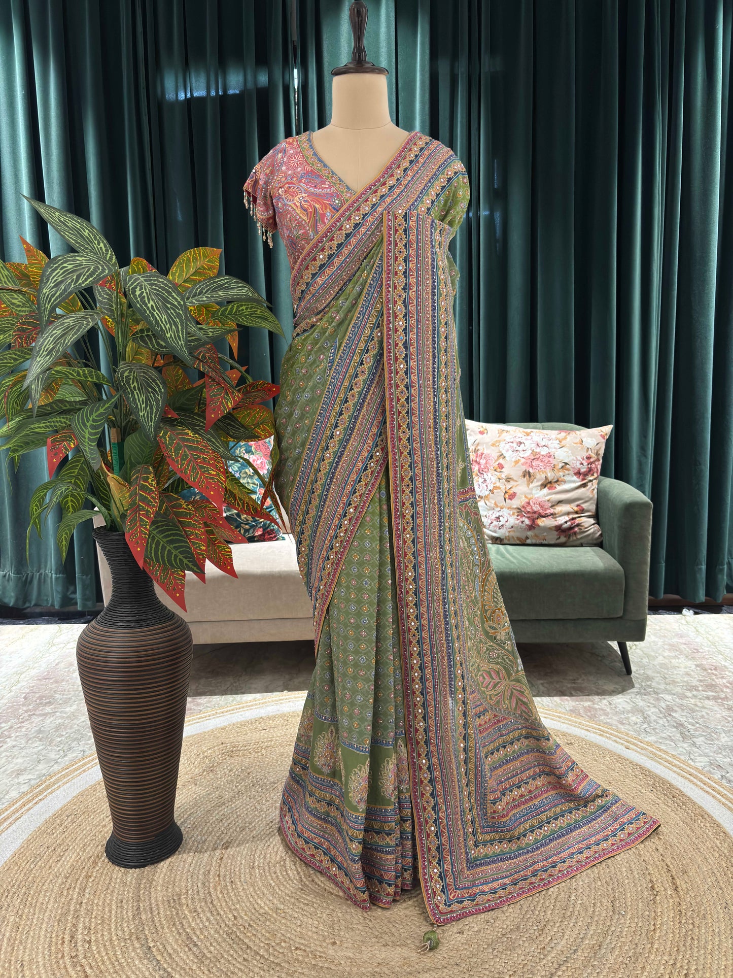 Green Printed Saree with Multicolor Borders and Matching Blouse