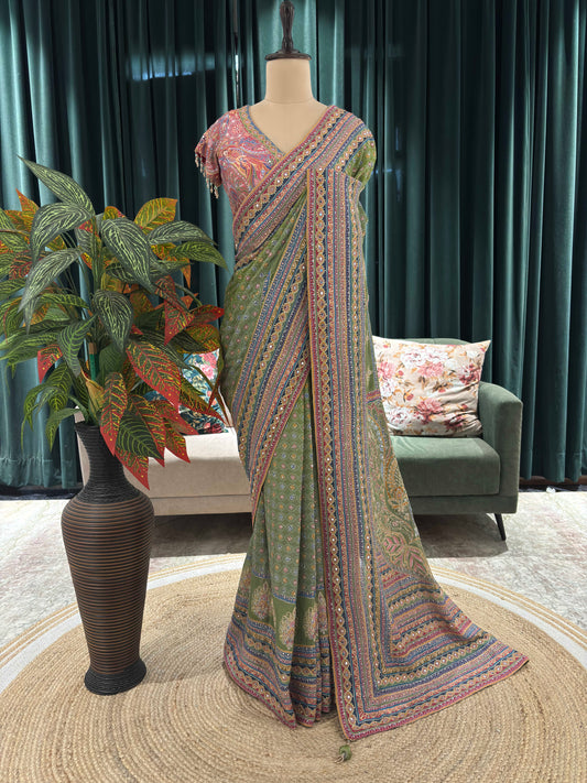 Green Printed Saree with Multicolor Borders and Matching Blouse