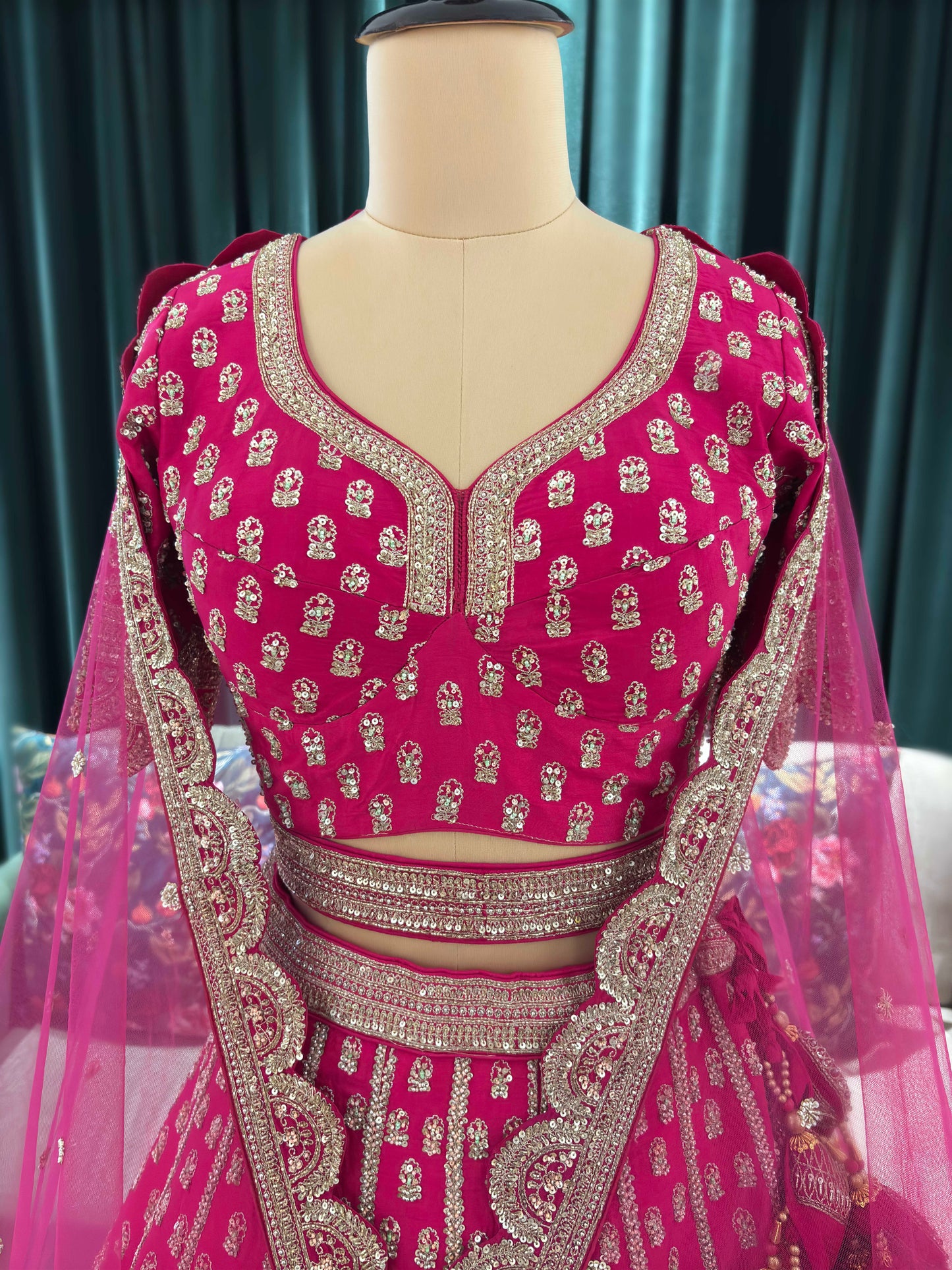 Bridal Rani Pink Zari Embroidered Lehenga with Elegant Dupatta