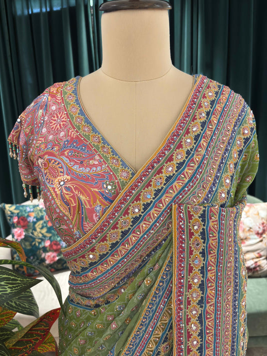 Green Printed Saree with Multicolor Borders and Matching Blouse