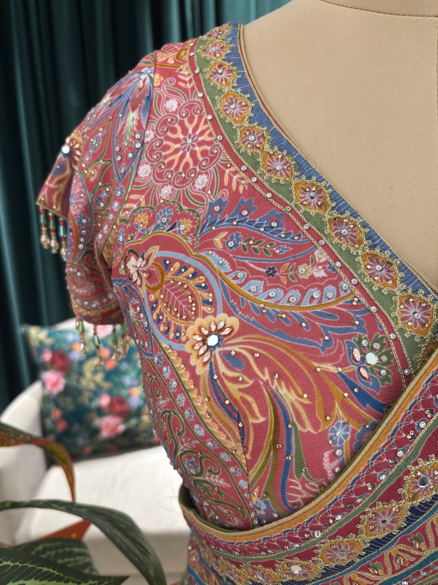 Green Printed Saree with Multicolor Borders and Matching Blouse