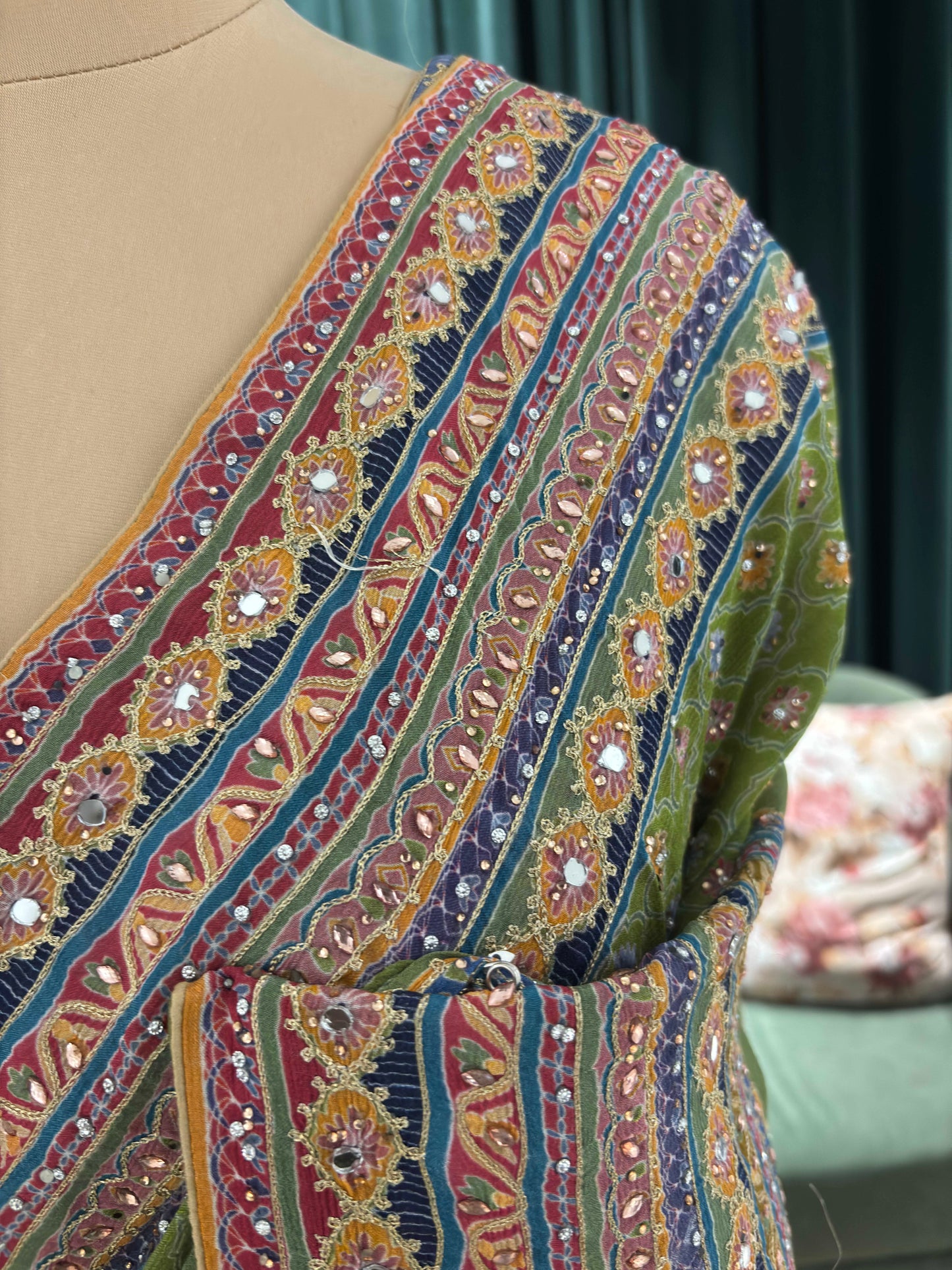 Green Printed Saree with Multicolor Borders and Matching Blouse