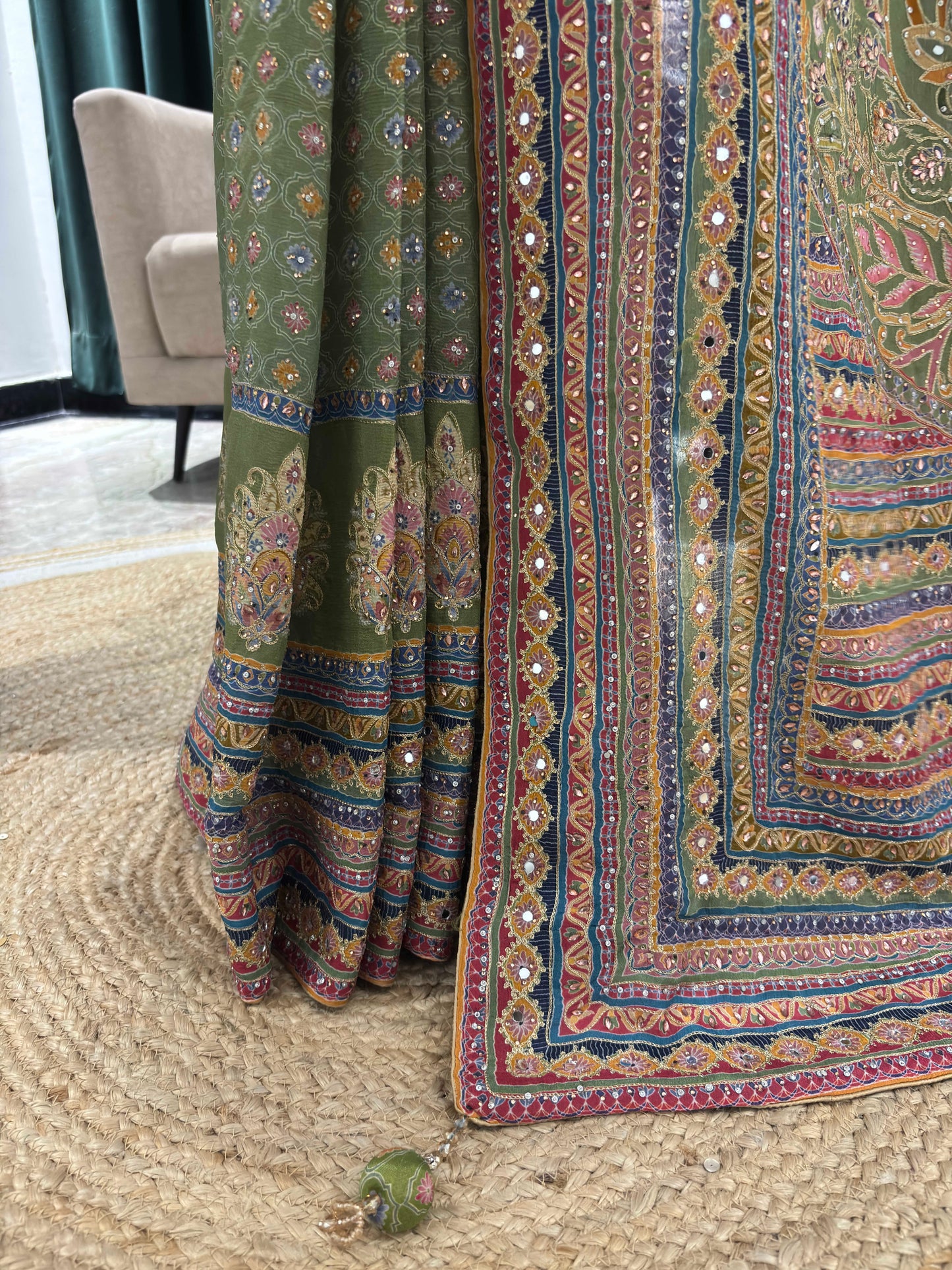 Green Printed Saree with Multicolor Borders and Matching Blouse